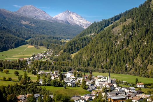 Idyllic landscape of Santa Maria village at sunset, Engadine, Swiss Alps, Switzerland