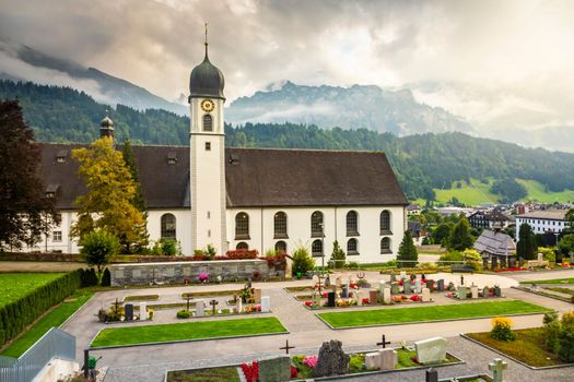 Idyllic landscape of Engelberg village at sunrise, Obwalden, Swiss Alps, Switzerland
