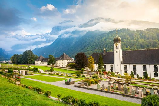 Idyllic landscape of Engelberg village at sunrise, Obwalden, Swiss Alps, Switzerland