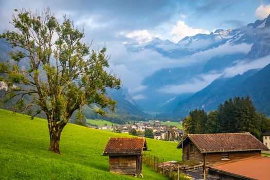 Idyllic landscape of Engelberg village at sunrise, Obwalden, Swiss Alps, Switzerland