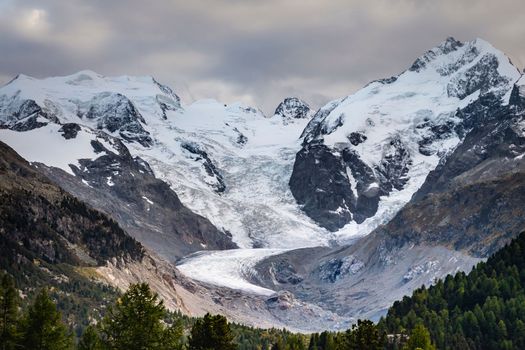 Bernina and Palu mountain range with glaciers in the Swiss Alps, Engadine, Switzerland