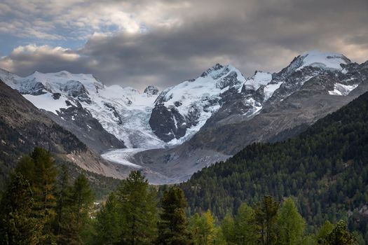 Bernina and Palu mountain range with glaciers in the Swiss Alps, Engadine, Switzerland