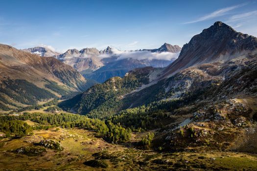 Panoramic view of Dramatic landscape, swiss alps in upper Engadine, Graubunden, Switzerland