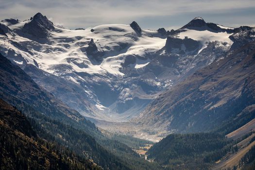 Bernina and Palu mountain range with glaciers in the Swiss Alps, Engadine, Switzerland