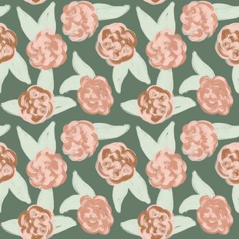 Hand drawn seamless pattern with muted pastel flowers, neutral beige sage green floral design. Boho bohemian trendy loose nature blossom bloom leaves, victorian retro garden print, retro romantic fabric for spring summer foliage