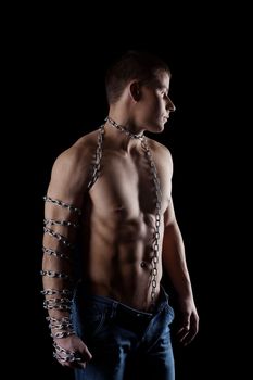 yong beauty naked man with chain on strong hand portrait