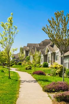 A perfect neighborhood. Concrete pathway along the row of residential houses on a sunny day with blue sky background