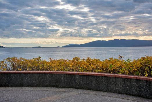 Pacific ocean bay overview on cloudy autumn day in Washington state.