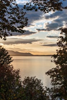 Golden sunset on Pacific ocean bay in Washington state.