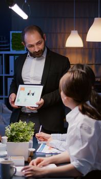 Overworked businessman showing financial graphs presentation using tablet brainstorming company ideas. Workaholic diverse multi-ethnic businesspeople overworking late at night in office meeting room