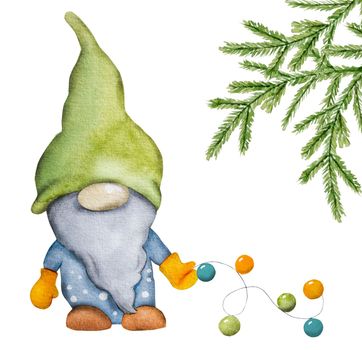 Cute Christmas gnome dwarf with garland and xmas tree festive watercolor painting for postcard. Cartoon elf new year art