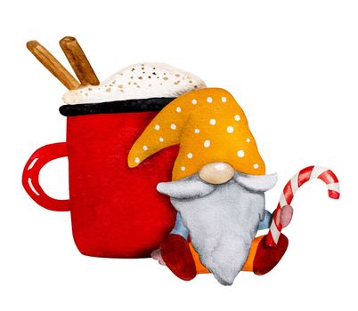 Cute Christmas gnome dwarf with lollipop and cocoa festive watercolor painting for postcard. Cartoon elf with sweet traditional candy and hot beverage new year art