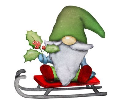 Cute Christmas gnome dwarf with misletoe riding sled festive watercolor painting for postcard. Cartoon elf new year art