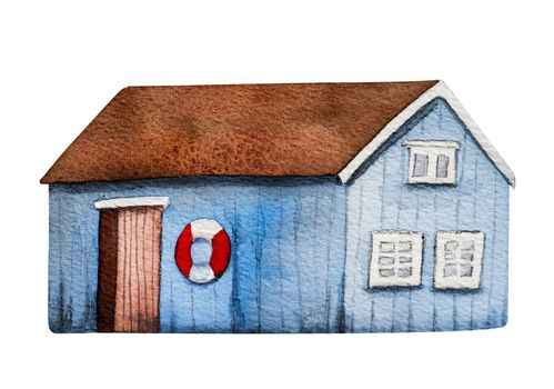 Cute watercolor blue house painting with roof and windows. Beautiful aquarelle home building painting for postcards
