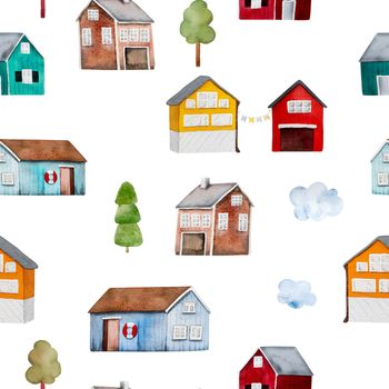 Cute watercolor houses design painting set with trees and clouds. Beautiful aquarelle home buildings painting for postcards