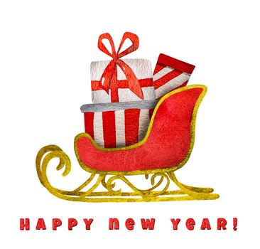 Christmas red sled with gifts and happy new year text postcard watercolor painting. Festive Santa Claus xmas sledge with presents