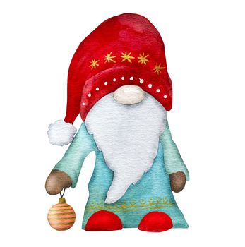Christmas gnome Santa Claus helper winter watercoor drawing with xmas tree ball toy. New year festive dwarf with traditional holiday decoration