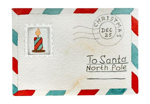 Traditional Christmas envelope with wishes watercolor painting. Festive new year xmas letter to Santa Claus