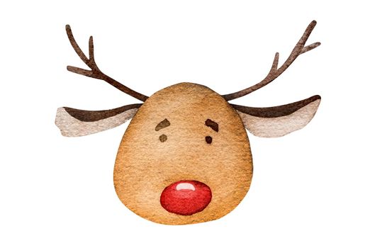 Christmas deep wearing Santa Claus hat xmas watercolor painting for postcard. New Year elk happy aquarelle drawing