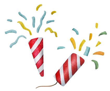 Christmas clapperboard and confetti traditional watercolor paintings for postcard. New Year xmas symbols for celebration