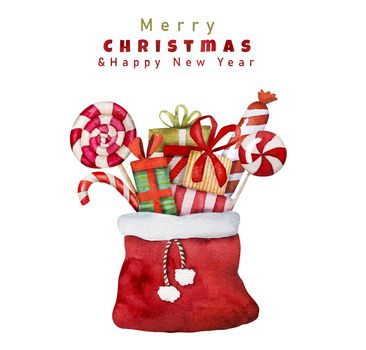 Christmas lollipops and gifts in Santa Claus bag watercolor festive painting. New Year xmas presents aquarelle illustration fpr postcard with greetings text