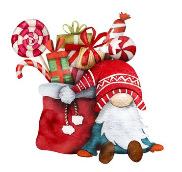 Christmas gnome Santa Claus helper with lollipop candies bag winter watercoor drawing. New year festive dwarf with traditional holiday sweets and gifts
