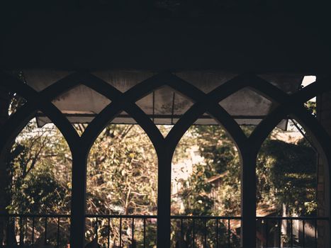 Vintage staircase and high arch window in classic architecture style. silhouette background . copy space for text 