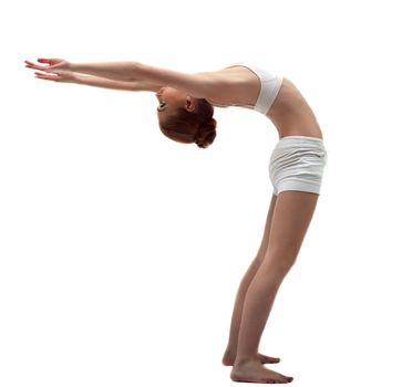 Young gymnast in white training costume on white isolated