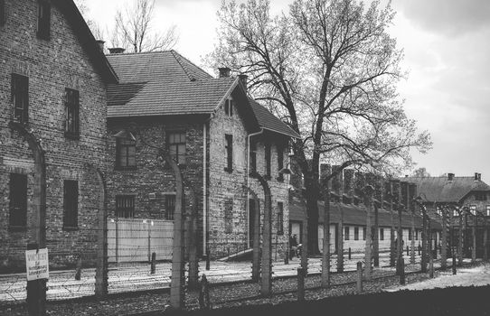 Poland, Auschwitz - April 18, 2014: Brick barracks in concentration camp Auschwitz in Oswiecim