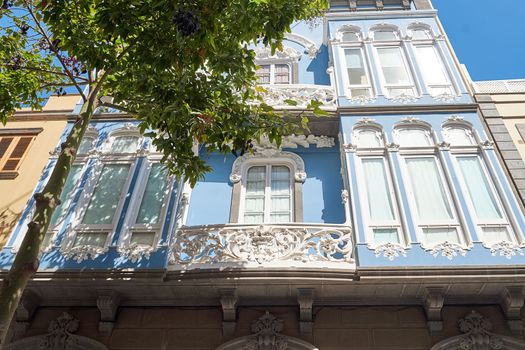 Old blue colonial style buidling in Vegueta, Las Palmas de Gran Canaria, Spain