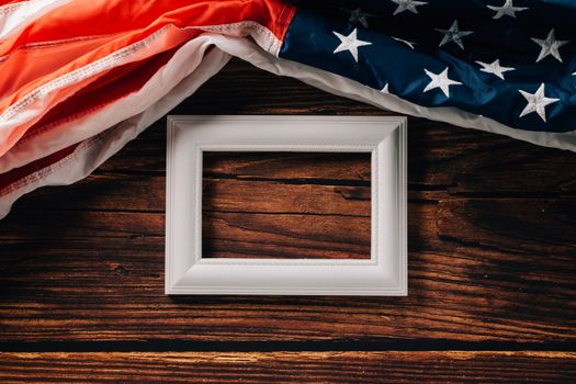 President's Day. USA flag for Memorial day on abstract wooden background, flag of United States American and photo frame with space, Banner template design of presidents day concept
