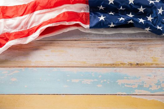 USA flag for Memorial day on abstract wooden background, Banner template design of presidents day concept, above flag of United States American with copy space, Presidents Day, holiday background