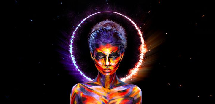 A girl in a glowing neon circle. Woman in color body painting on her face. Cover art for your mixtape, video, song or podcast. Design for book cover
