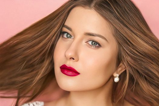 Beauty, makeup and hairstyle, beautiful woman with red matte lipstick make up on pink background as bridal make-up look, fashion and glamour model face portrait for cosmetics, skincare and hair care brand