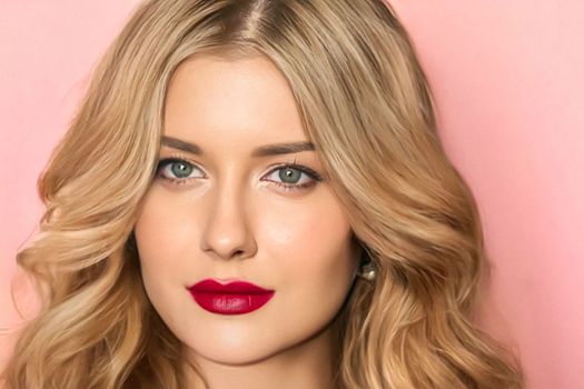 Beauty, makeup and curly hairstyle, beautiful blonde woman with red matte lipstick make up on pink background as bridal make-up look, fashion and glamour model face portrait for cosmetics, skincare and hair care brand