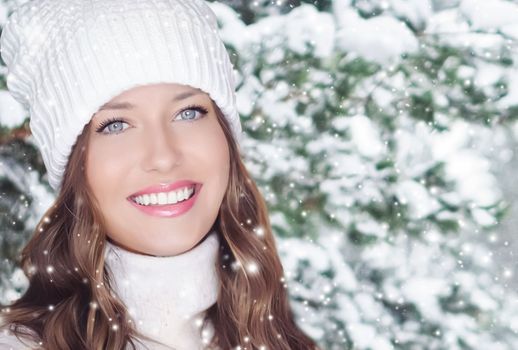 Winter holiday travel, lifestyle and fashion, beautiful happy woman and snowy forest, nature, ski resort and leisure activity outdoors Christmas, New Year and holidays portrait.