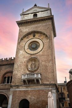 Mantua, Italy. July 13, 2021.  view of the clock tower in Piazza delle Erbe in the city center