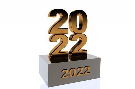 The symbol of the upcoming new year 2022 depicted in a 3D illustration in the form of a gold number on a stand on a white background and looks like a statuette or an award