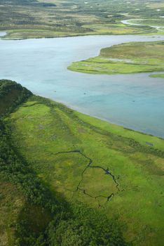 an aerial view of alaska wetland near king salmon