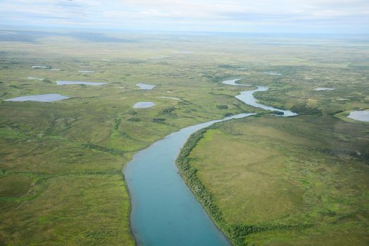 an aerial view of alaska wetland near king salmon