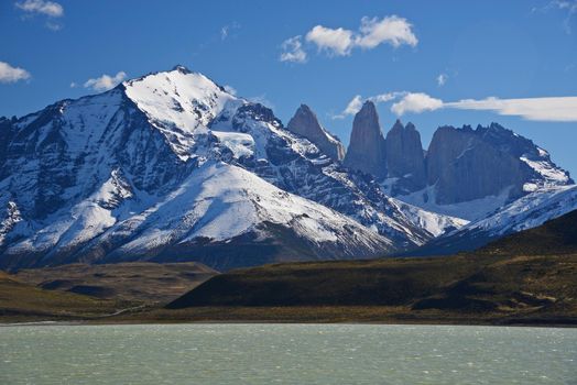 jagged mountain peaks in Torres del Paine National Park in Chilean patagonia