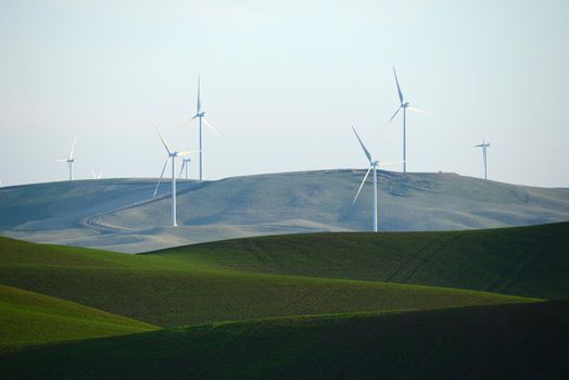 wind mill on green wheat farm hill in palouse, washington