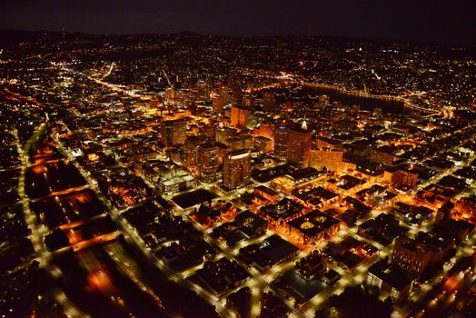 aerial view oakland city at night