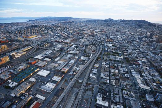 an aerial view of san francisco during sunset