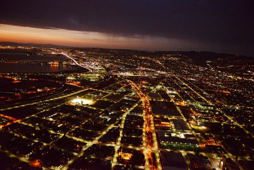 aerial view oakland city at night
