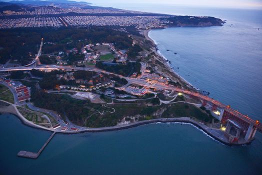 an aerial view of san francisco during sunset