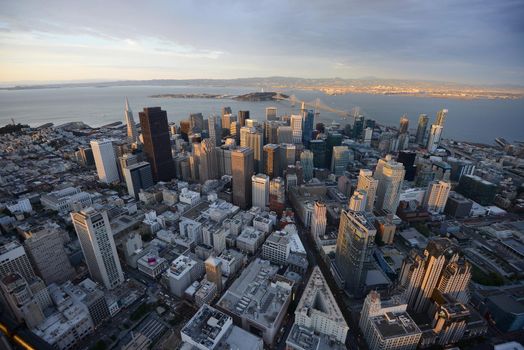 an aerial view of downtown san francisco during sunset