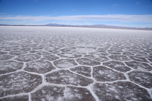 hexagonal pattern from Uyuni salt flat in high altitude desert in bolivia