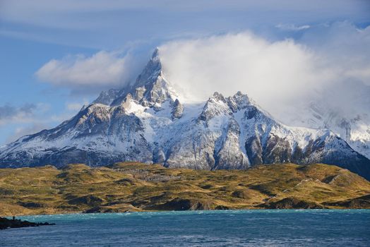 jagged mountain peaks in Torres del Paine National Park in Chilean patagonia