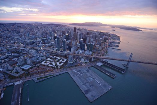 aerial view of bay bridge near san francisco downtown 